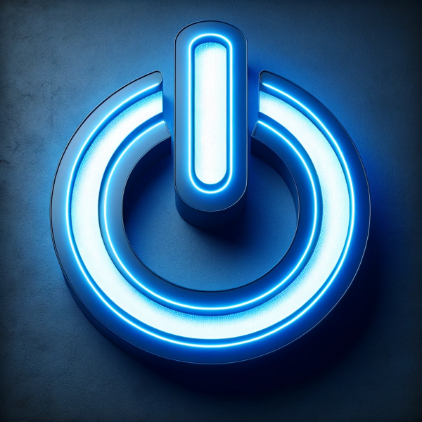 DALL·E 2024-01-09 07.55.09 - An illuminated channel letter sign in the shape of a digital power button, featuring a solid blue light, set against a dark background. The power butt